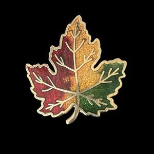 Vintage Maple Leaf Multicolor Guilloche Enamel Pin Brooch Gold Tone Fall Canada